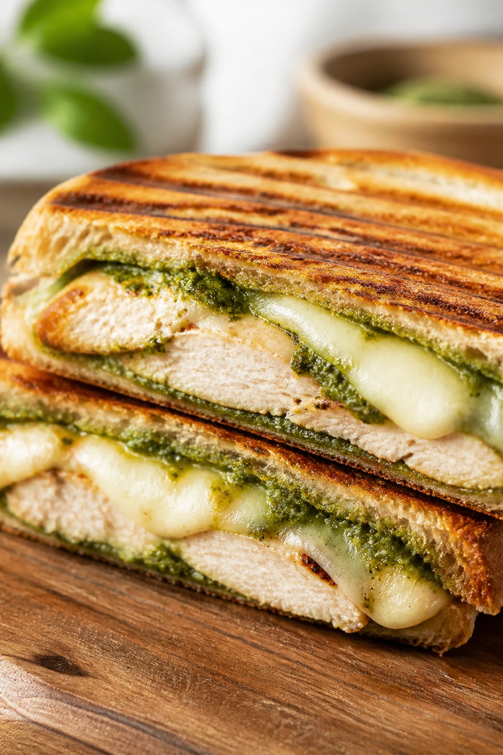 Close-up of pesto chicken panini on wooden board