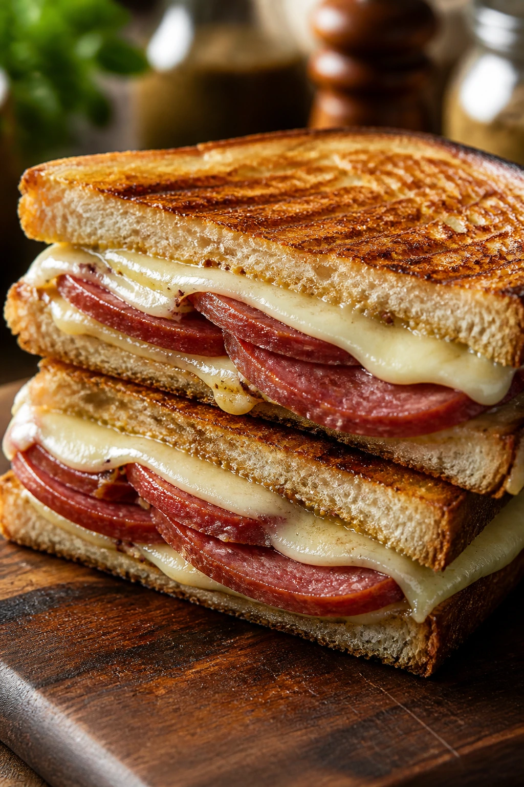 Close-up of a panini with sausage and Swiss cheese