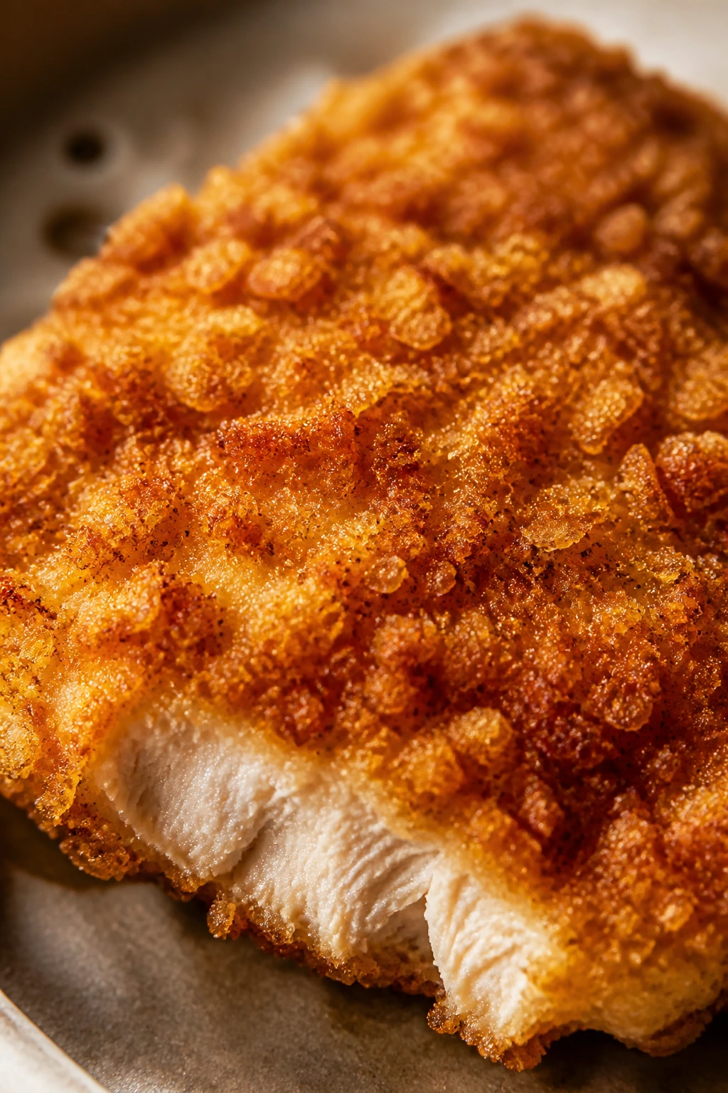 Close-up of crackly golden chicken crust showing texture