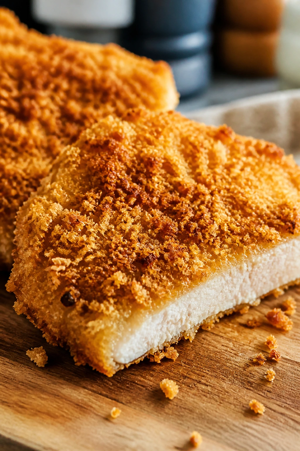 Breaded chicken cutlet with visible panko crust ready to fry
