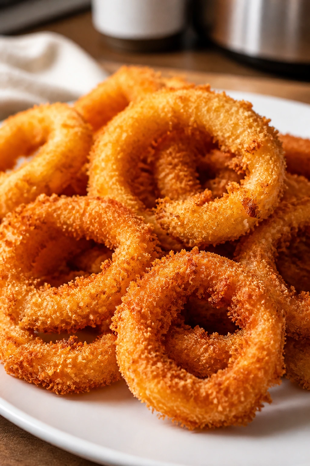 Close-up of crispy panko onion rings on a plate in a warm kitchen