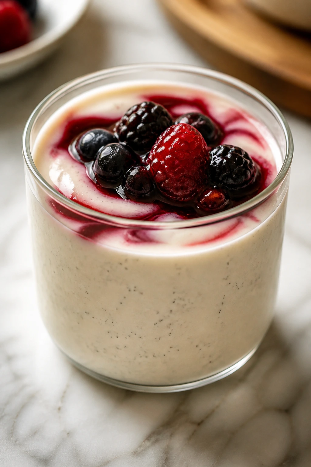 Panna cotta in ramekin with berry sauce on top