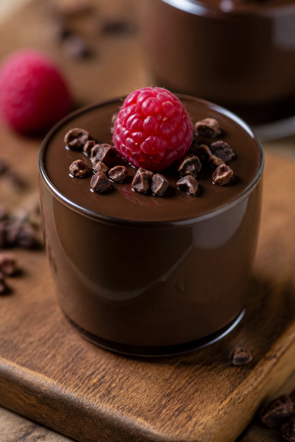 Close-up of a dark chocolate panna cotta cup with topping