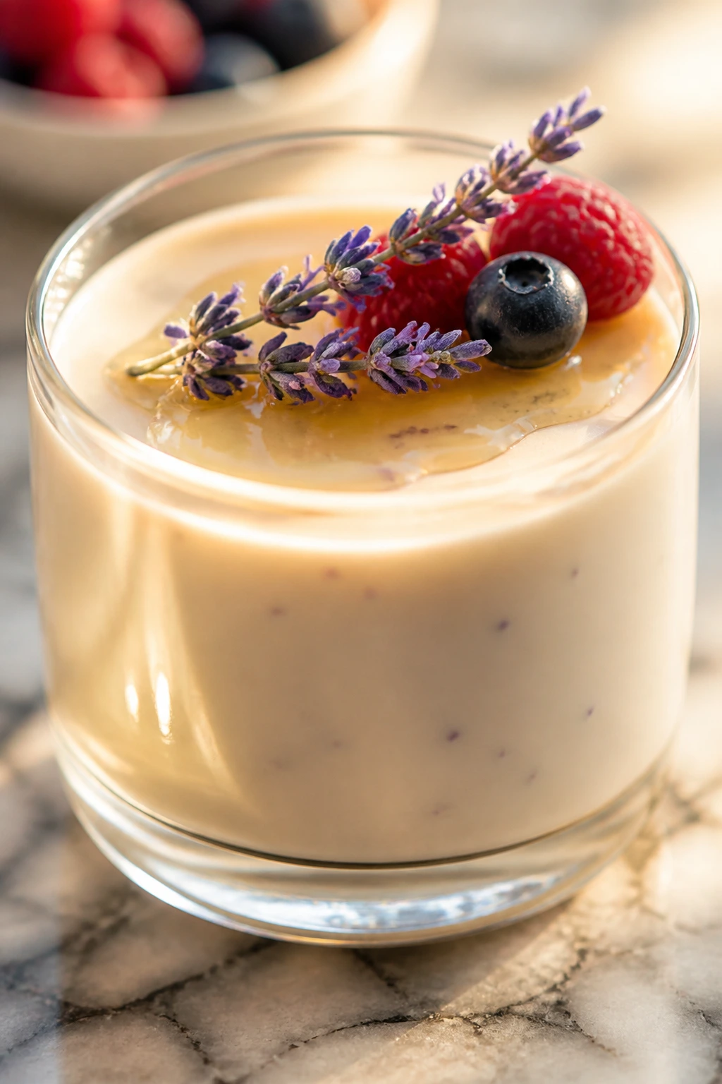 Panna cotta in a glass with lavender specks and berry topping