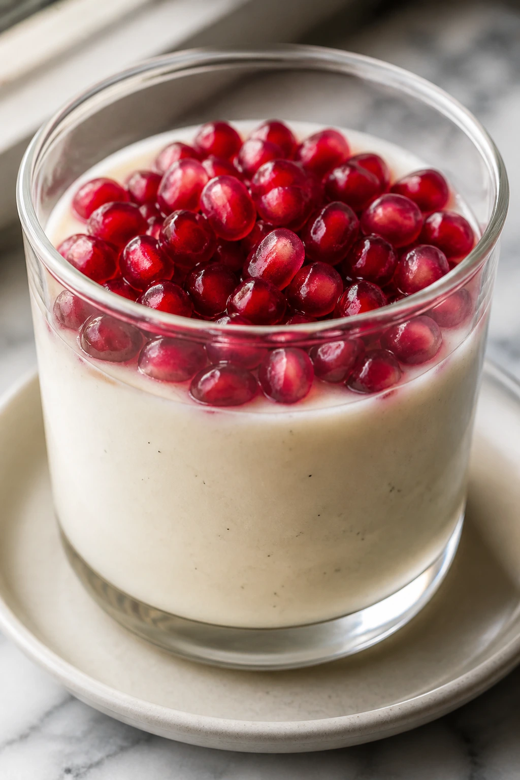 Panna cotta in glass with pomegranate seeds on a small plate.