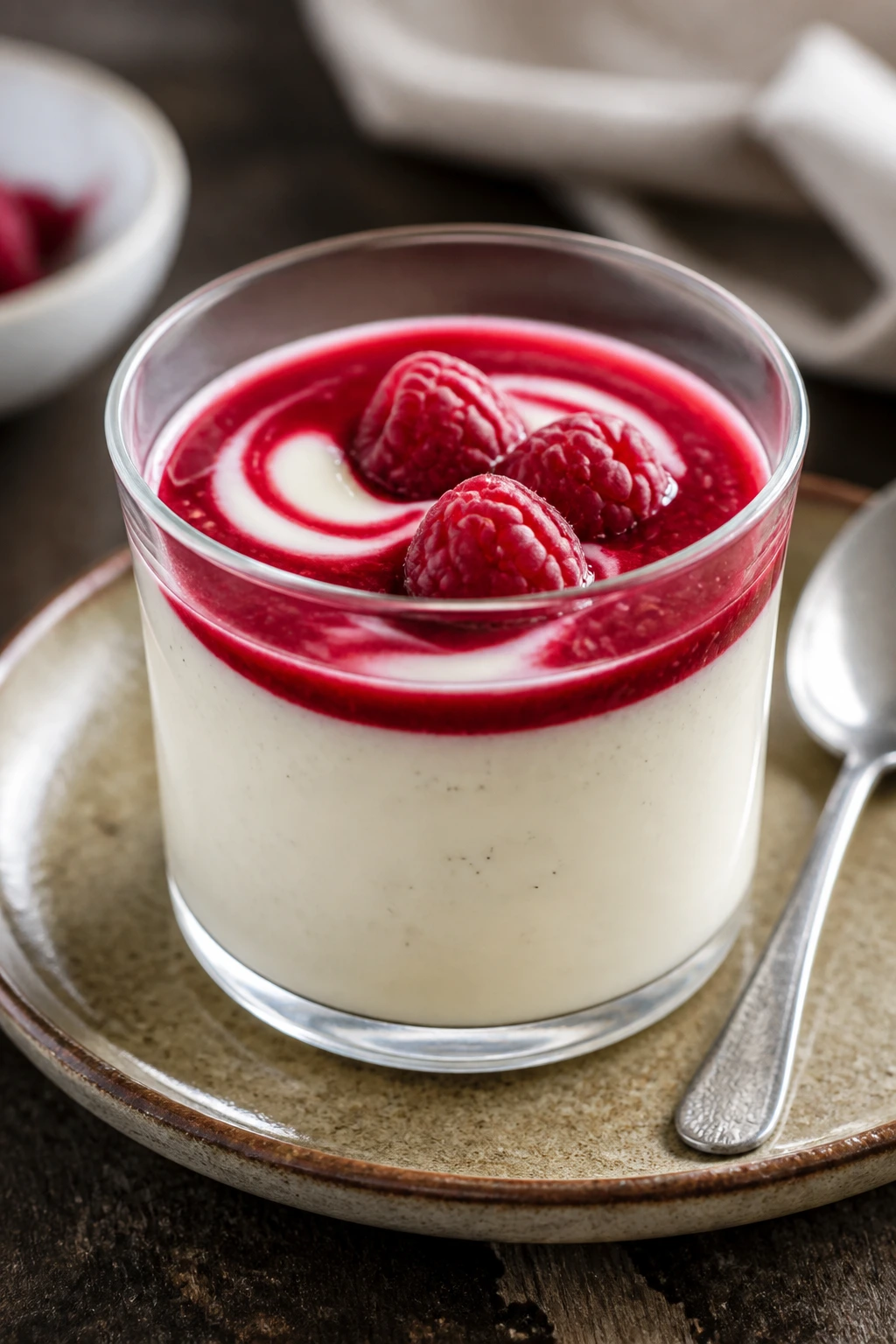 Panna cotta in a clear glass with raspberry sauce on top