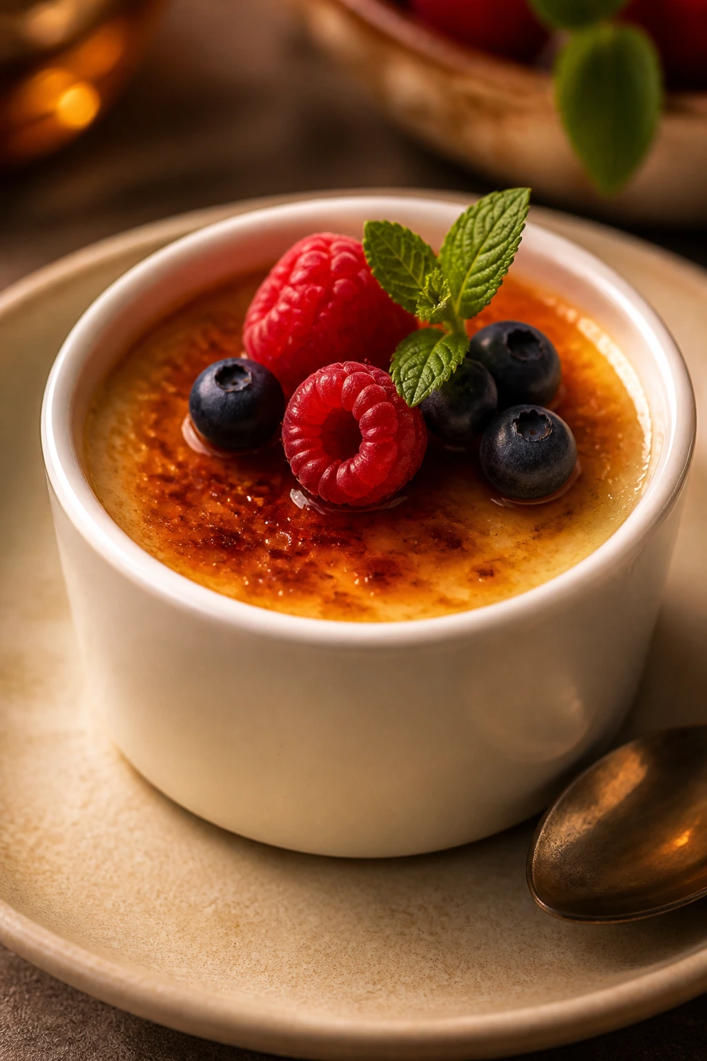 Burnt honey panna cotta in ramekin with berry garnish