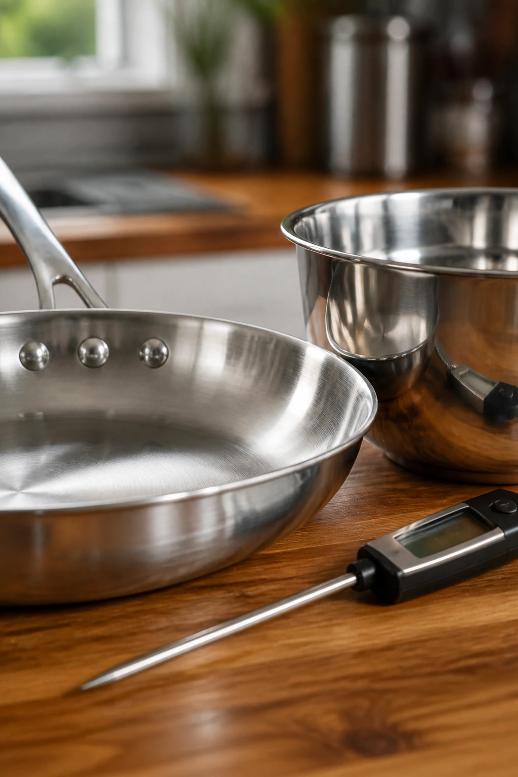 Close-up of a skillet, bowl, and thermometer on a wooden counter