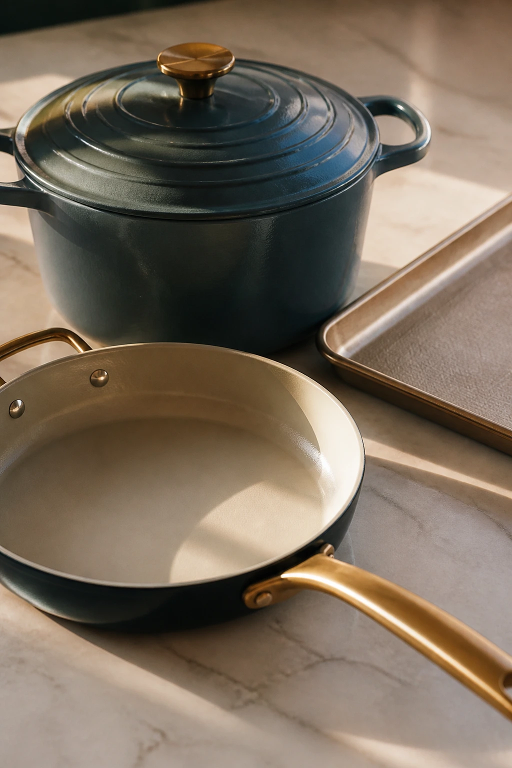 Close-up of cookware set including skillet, Dutch oven, sheet tray