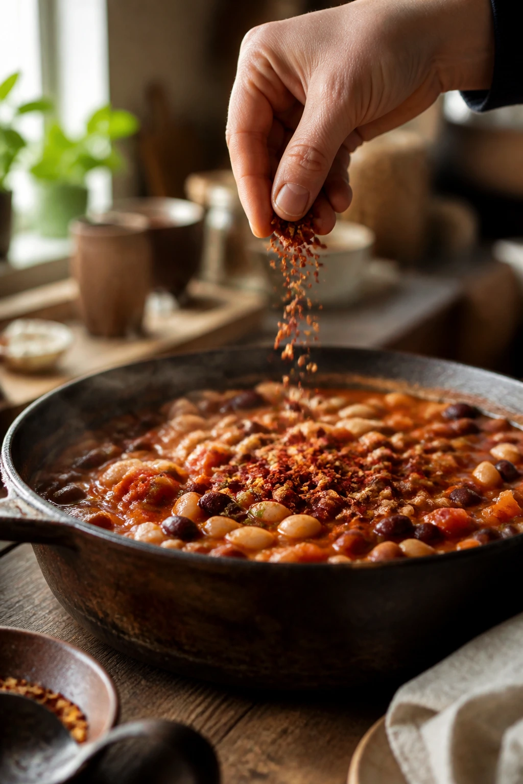 Hands sprinkling red pepper flakes over a simmering dish