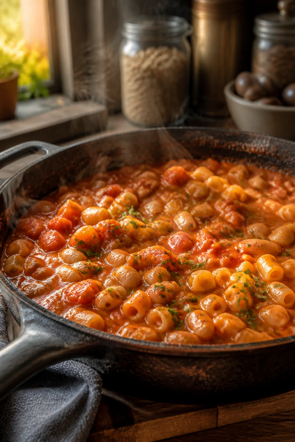 Close-up of a pantry skillet with beans and pasta in tomato sauce on a wooden counter