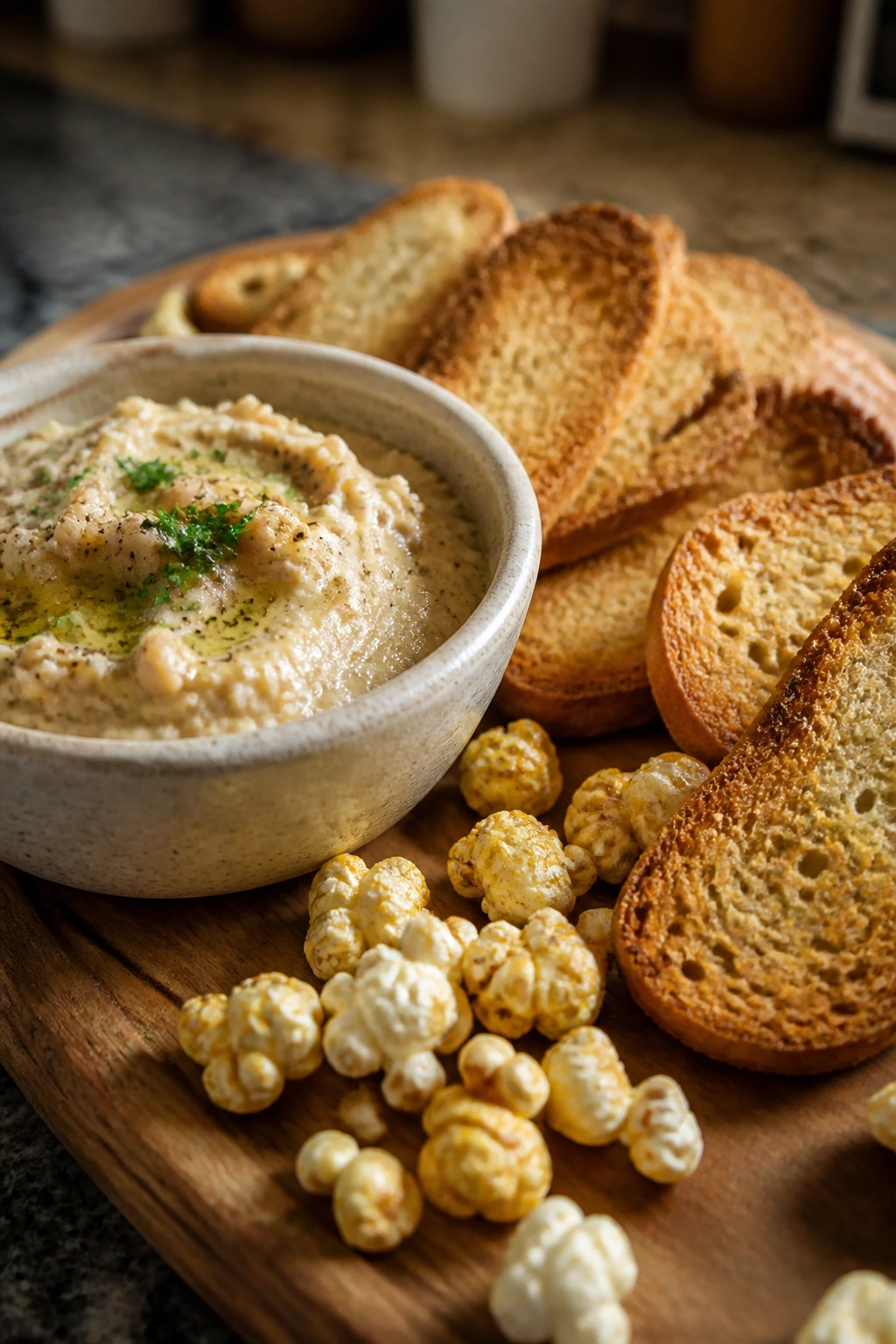 Close-up of a rustic kitchen board with soft dip and crisp accents illustrating crunch vs soft pantry mistakes