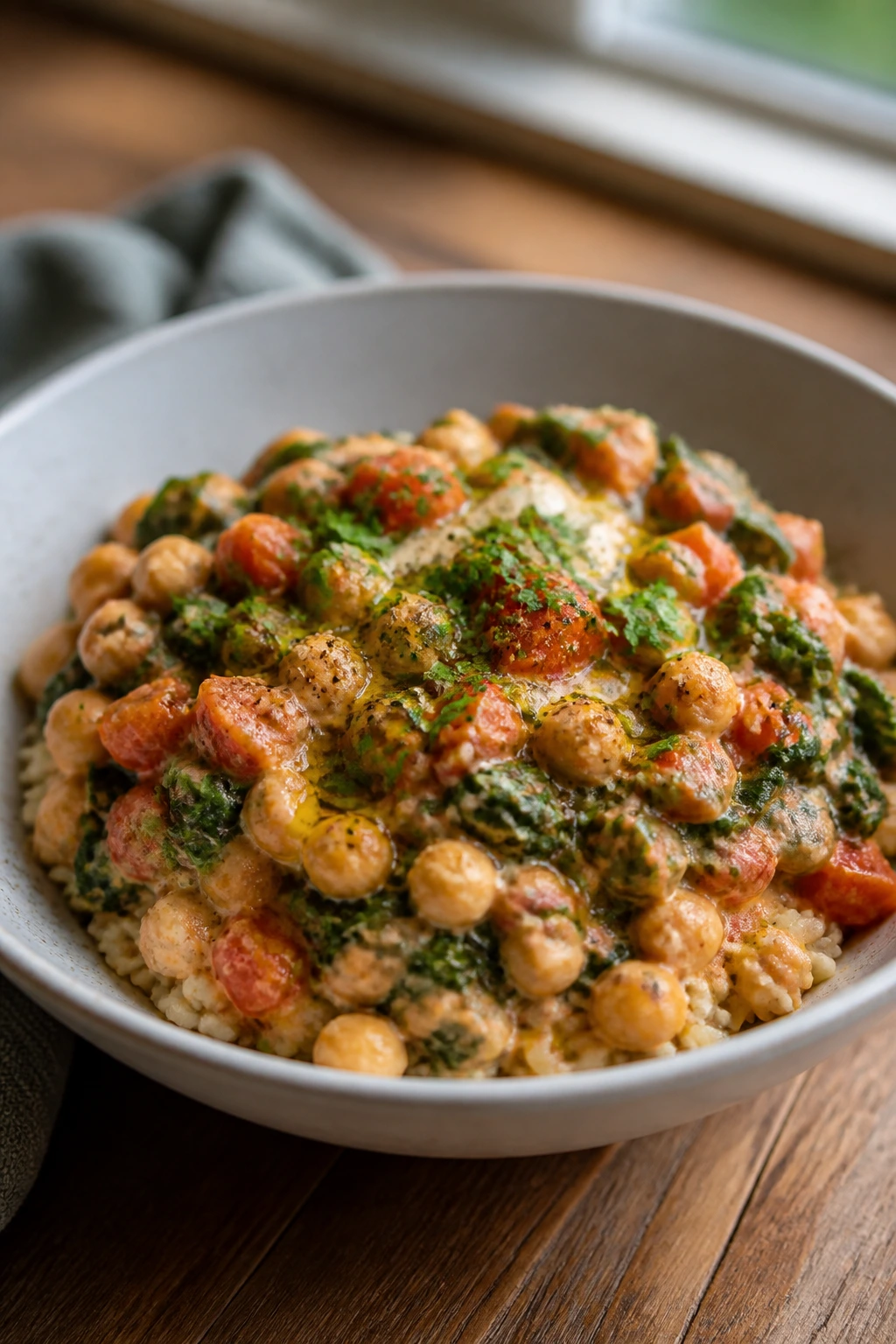 Finished pantry meal bowl with olive oil and herbs