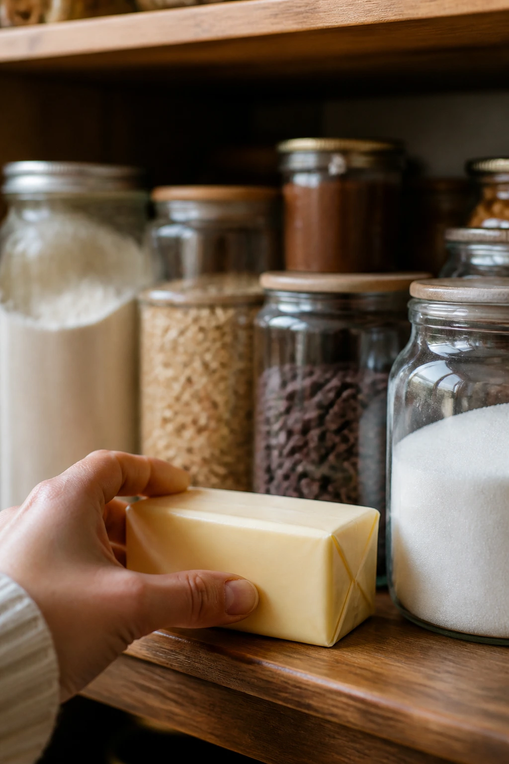 Hand reaching for unsalted butter among pantry baking staples