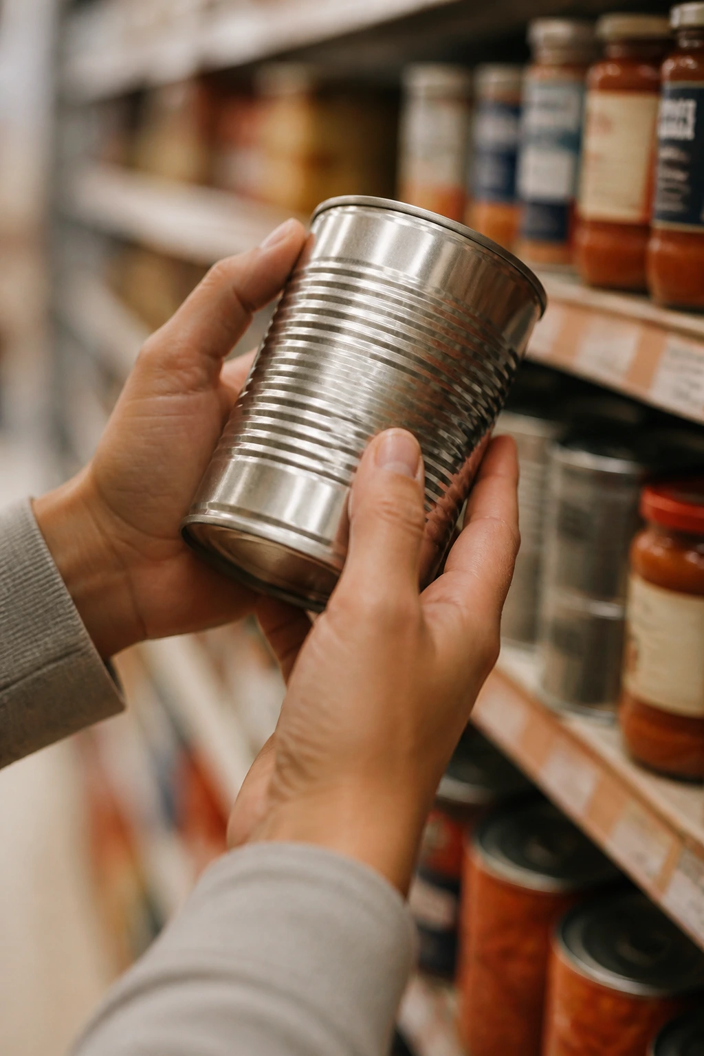 Close-up of hands holding a plain can on a grocery shelf, no visible text.