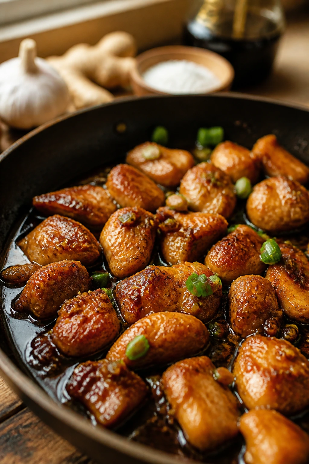Close-up of glossy pan-seared chicken in a pantry-inspired glaze on a warm kitchen counter.