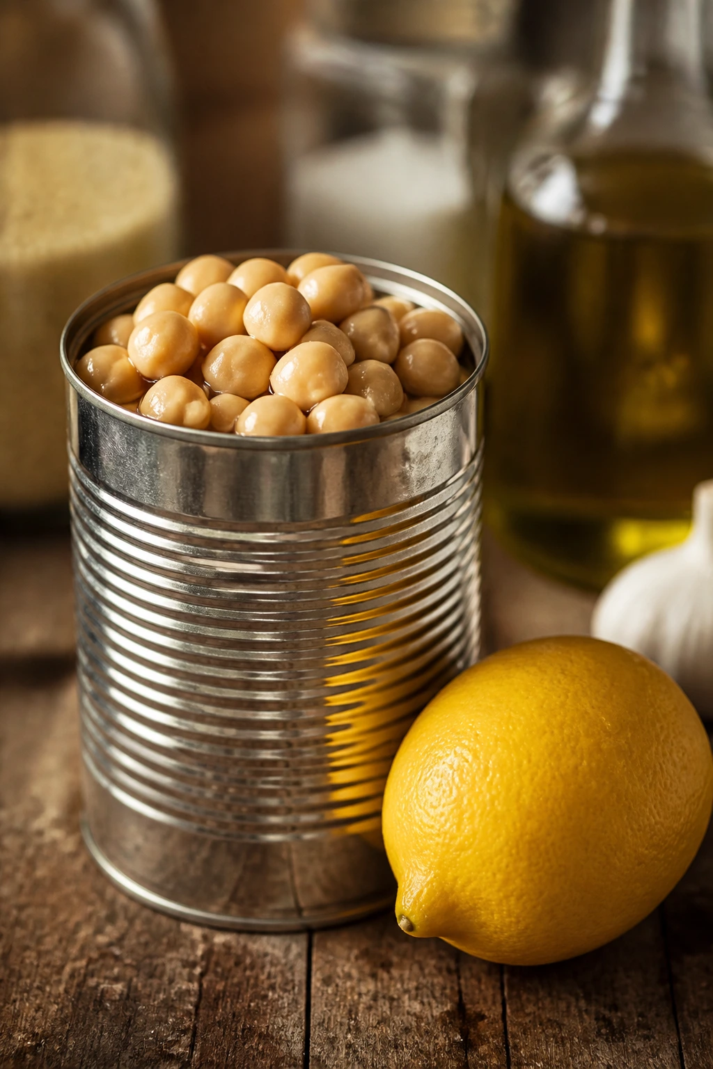 Chickpeas can and lemon on a wooden counter in a pantry setting