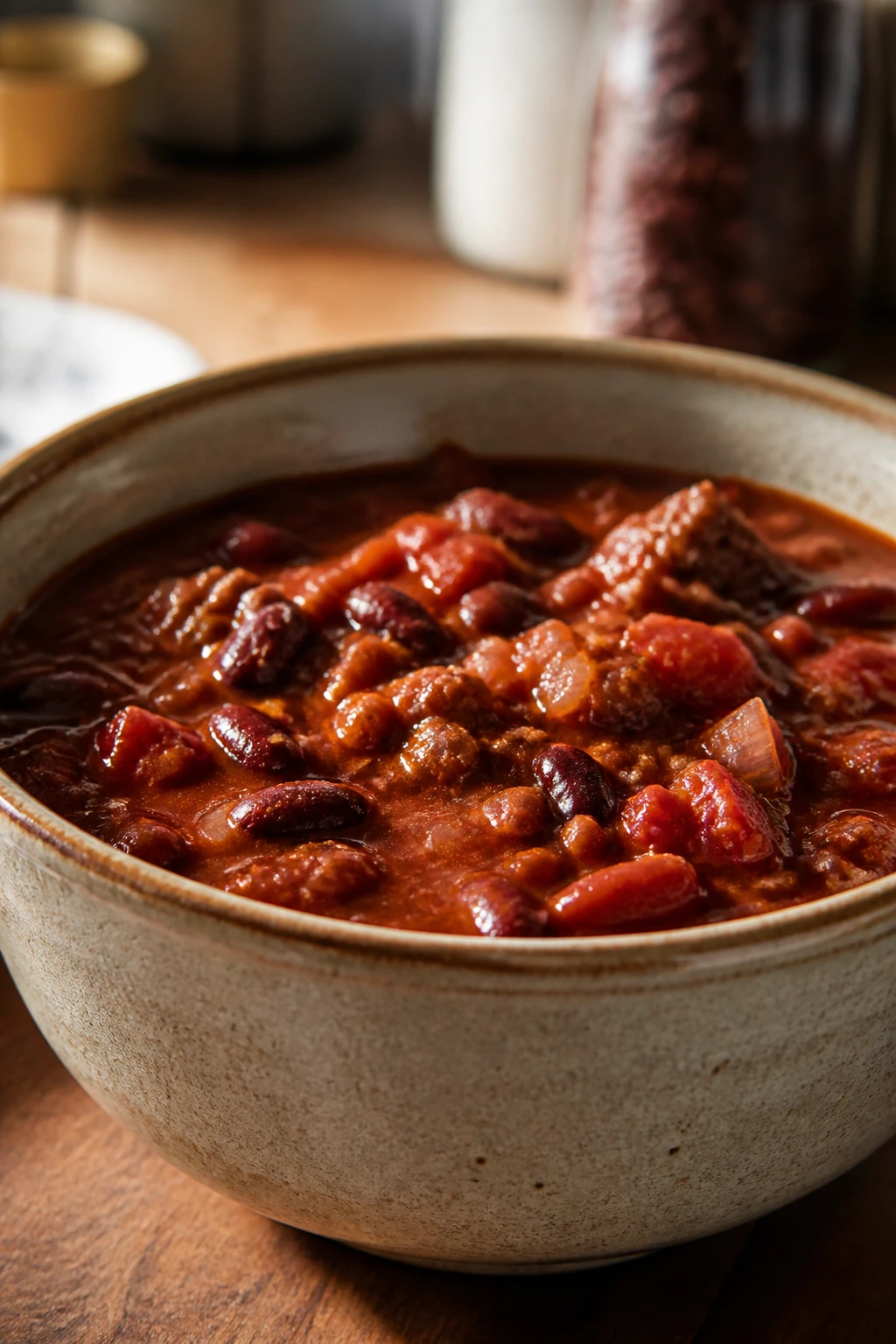 Hearty pantry chili in a rustic bowl with thick bean texture