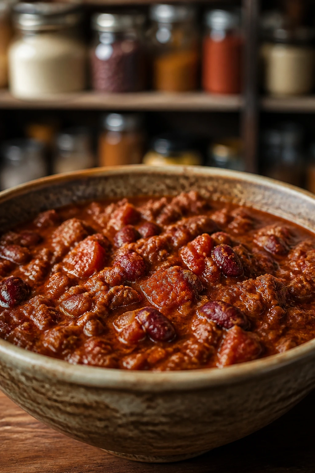 Chili bowl with warm kitchen backdrop suggesting pantry staples