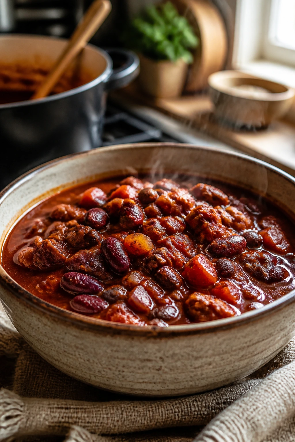 Steaming bowl of thick pantry chili in rustic ceramic bowl on kitchen counter