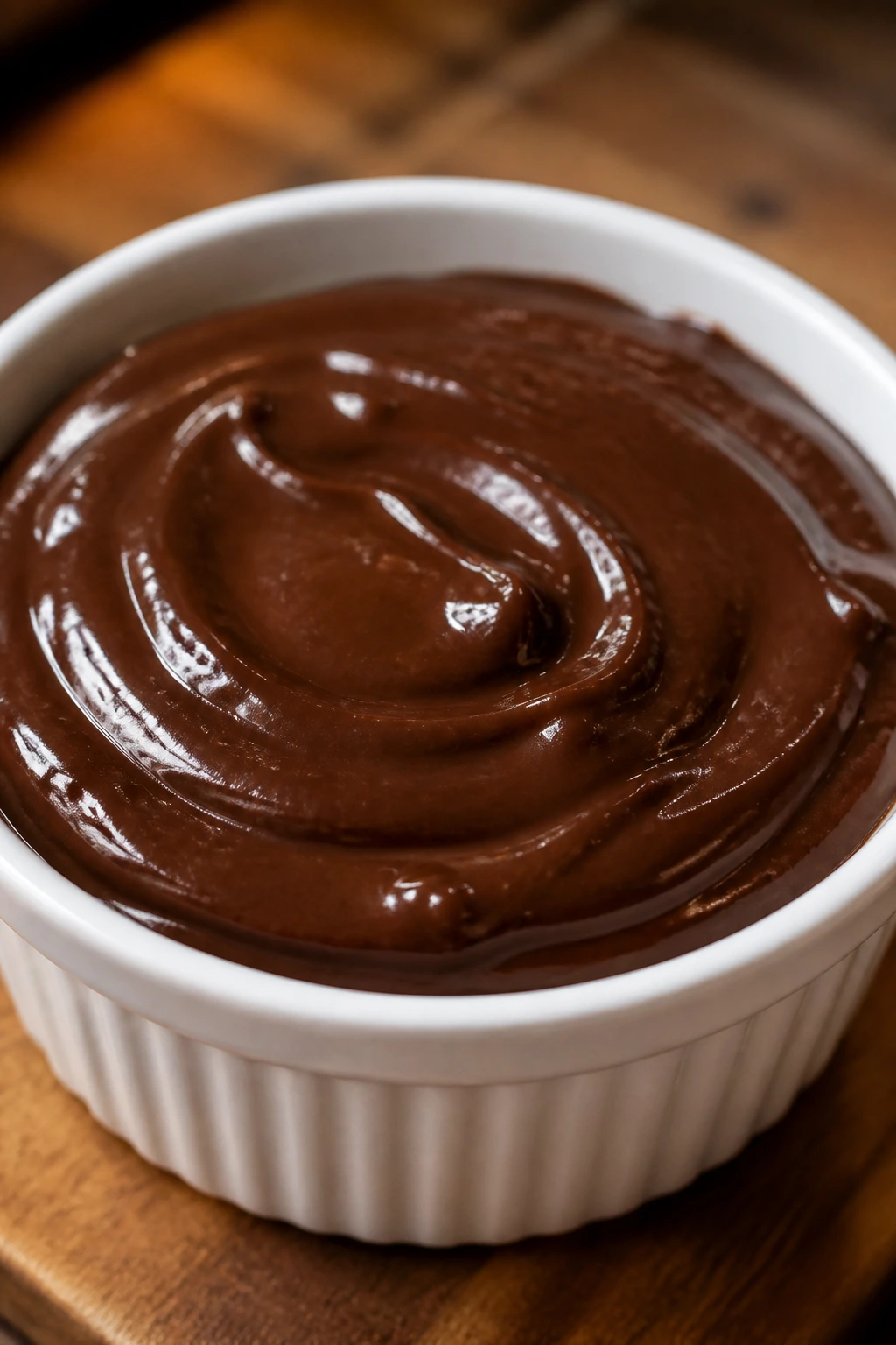 Ramekin of Pantry Chocolate Pudding on wooden counter