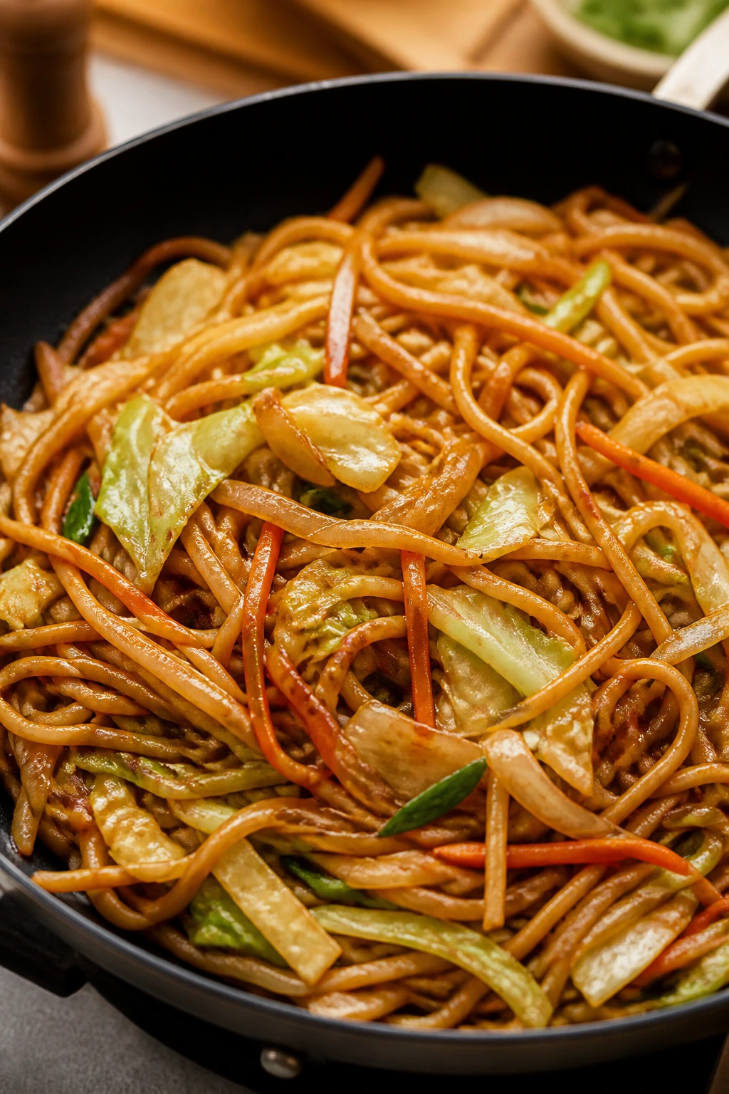 Glossy pantry chow mein with cabbage and noodles