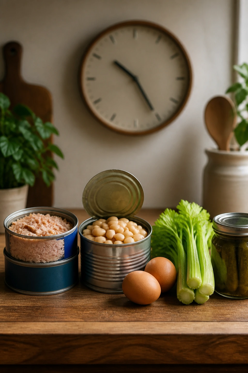 Pantry ingredients lined up with a clock in the background on a wooden counter