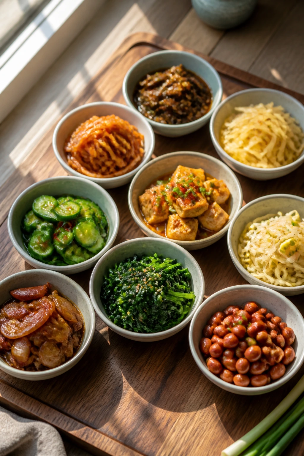 Top-down view of a lineup of pantry-inspired side dishes