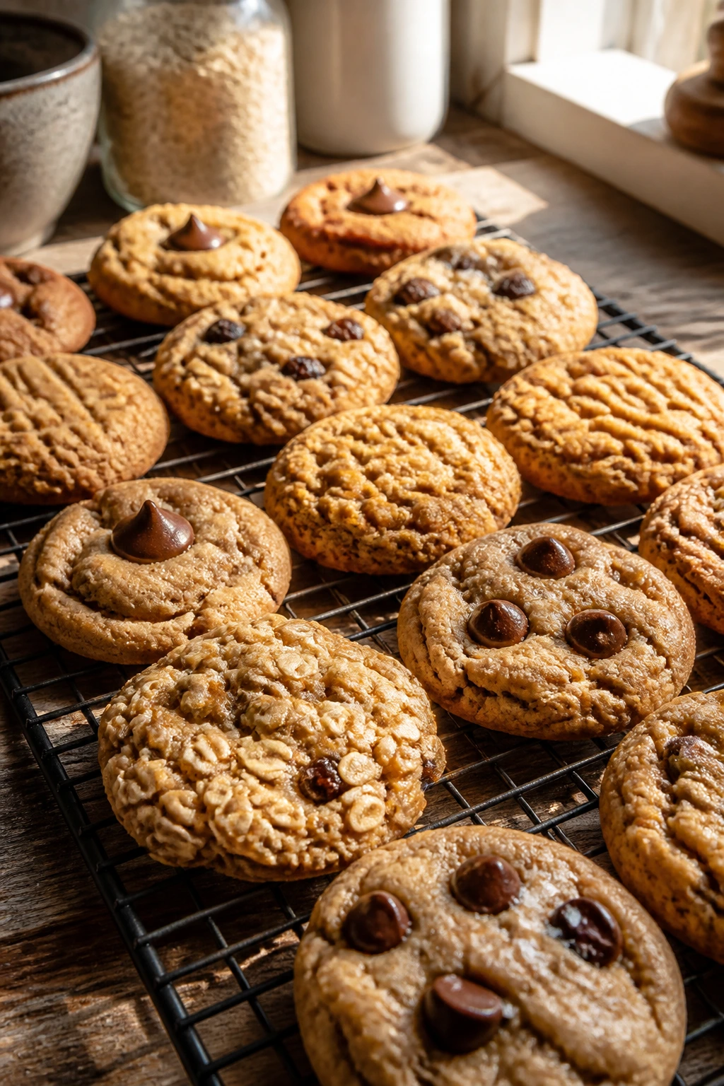 Tray of pantry-style cookies cooling on a sunny kitchen counter