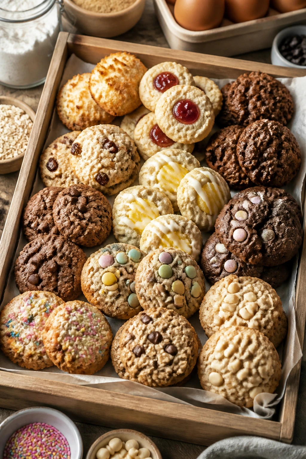Pantry-inspired cookie tray filled with assorted cookies