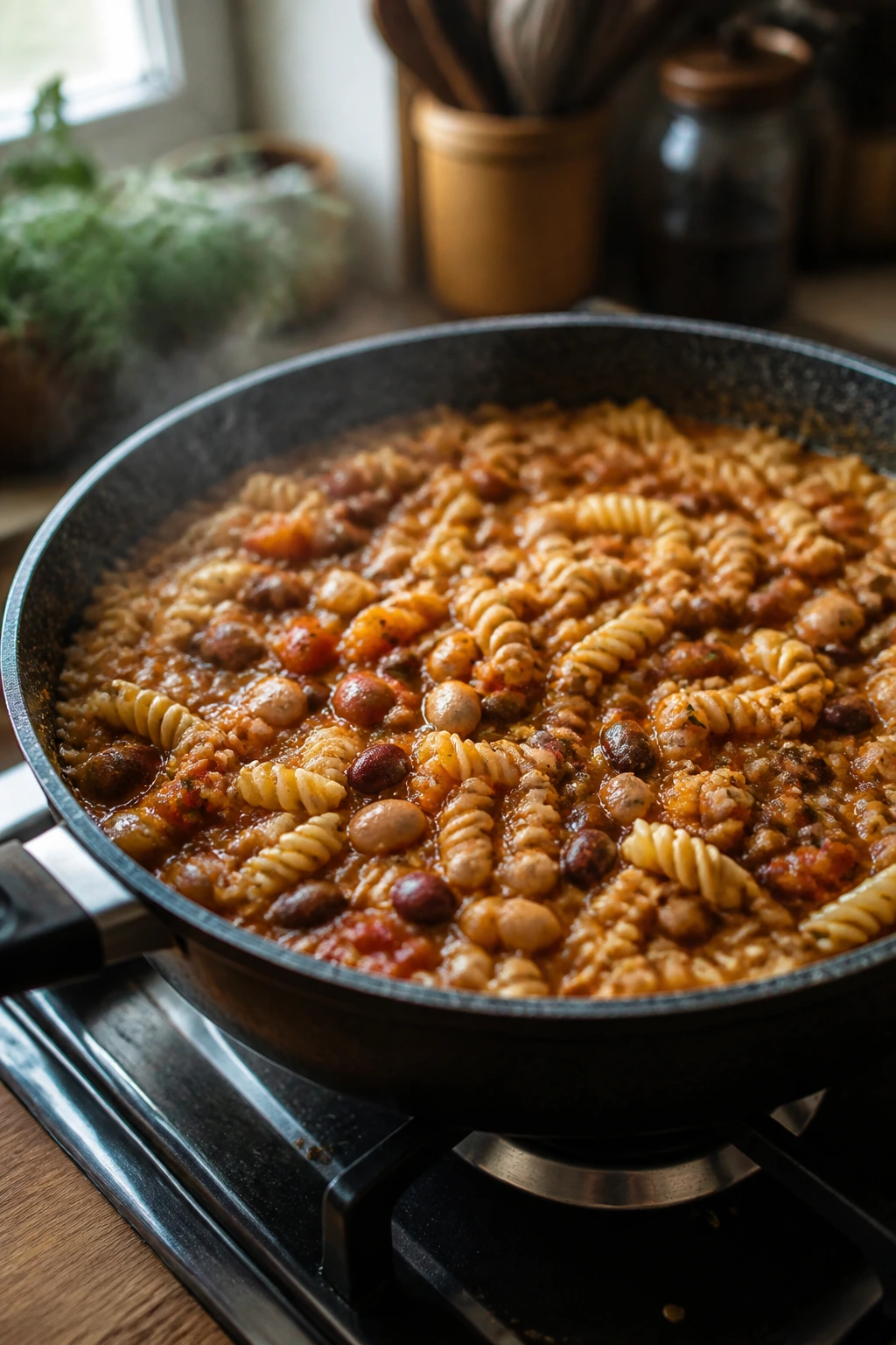 Close-up of a skillet with pantry staples simmering in a warm kitchen