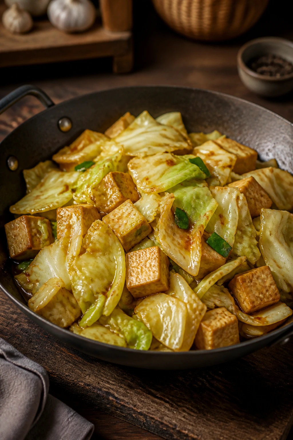 Rustic skillet with cabbage and tofu side dish made from pantry staples.