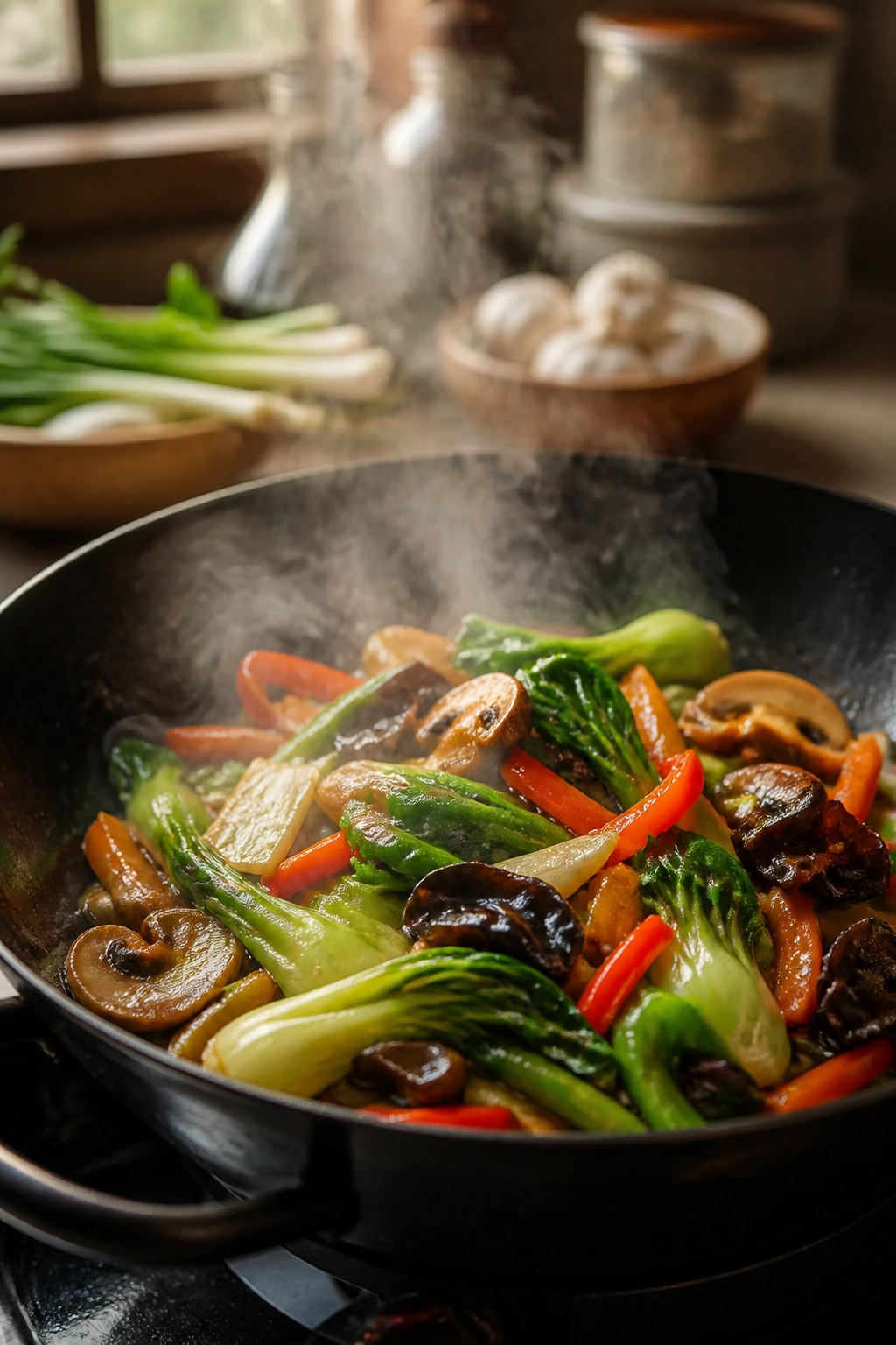 Glossy wok with colorful stir-fry vegetables