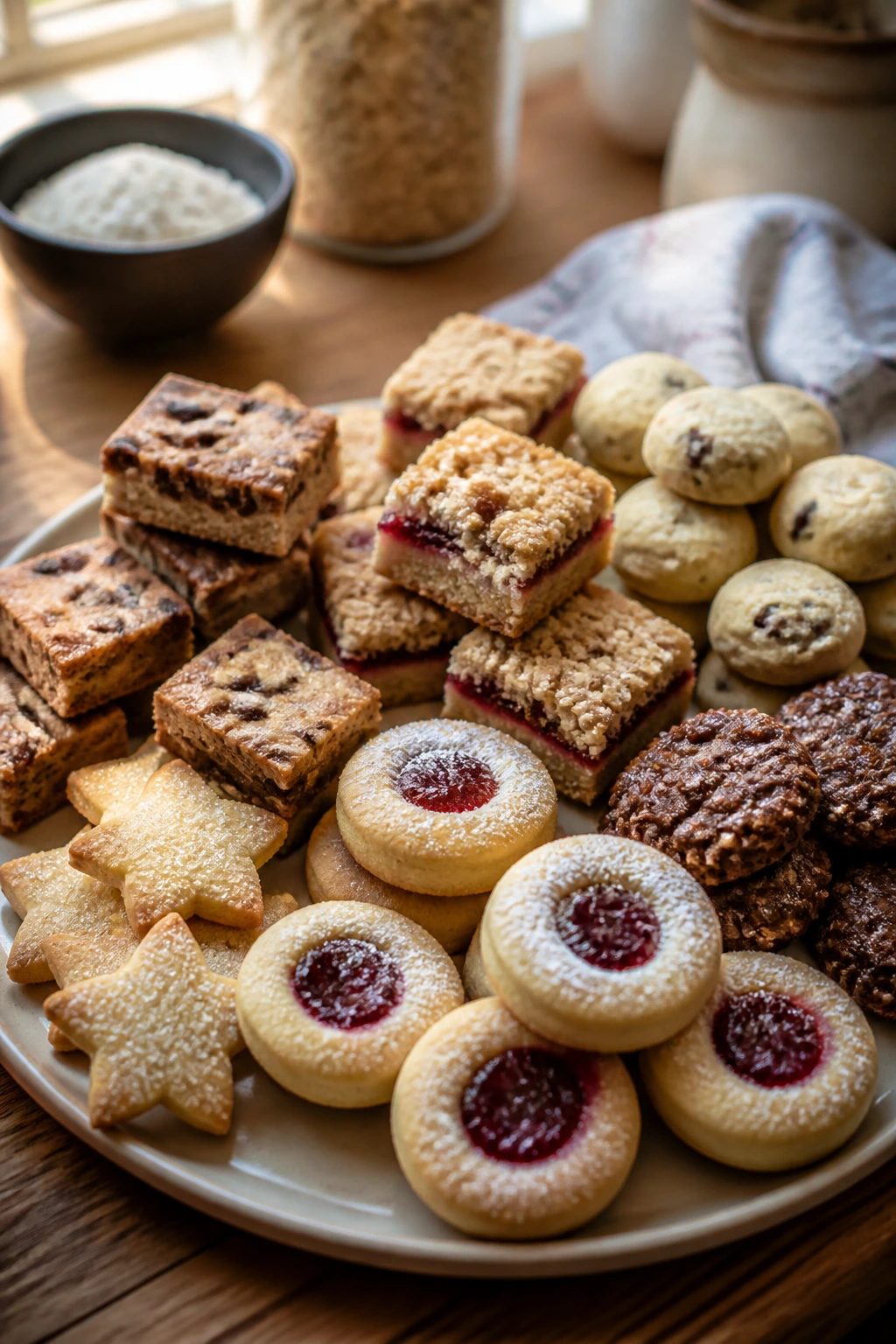 Close-up of bite-size pantry desserts on a wooden kitchen counter