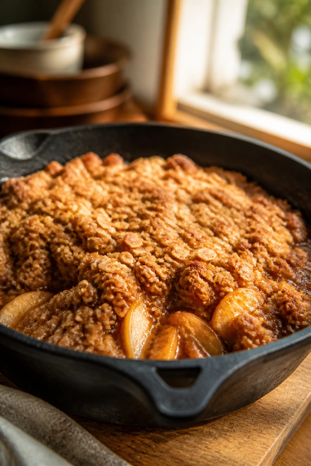 Close-up of bubbling apple crumble in a cast-iron skillet on a wooden counter