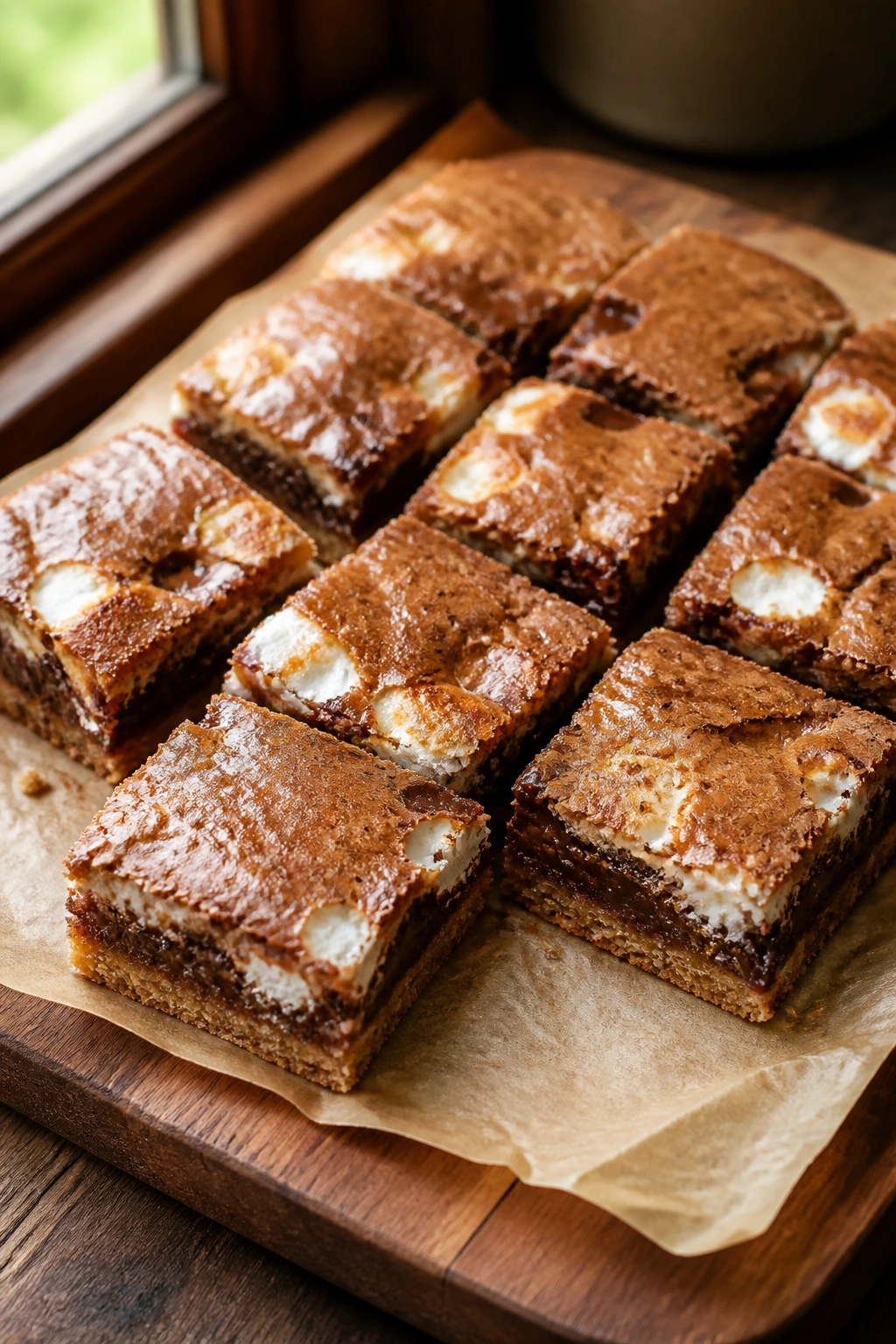 Close-up of chewy pantry s’mores bars cut into squares with graham crumb base and melted chocolate