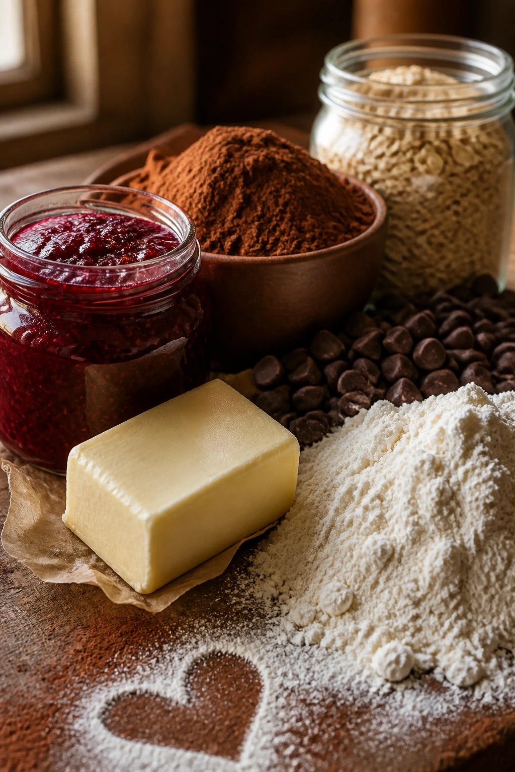 Close-up of pantry staples for Valentine desserts: jam, butter, flour, cocoa, oats, and chocolate chips on a rustic counter.