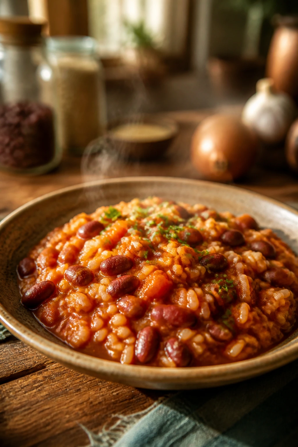 Close-up of beans and rice dish made from pantry staples on a rustic plate in a cozy kitchen