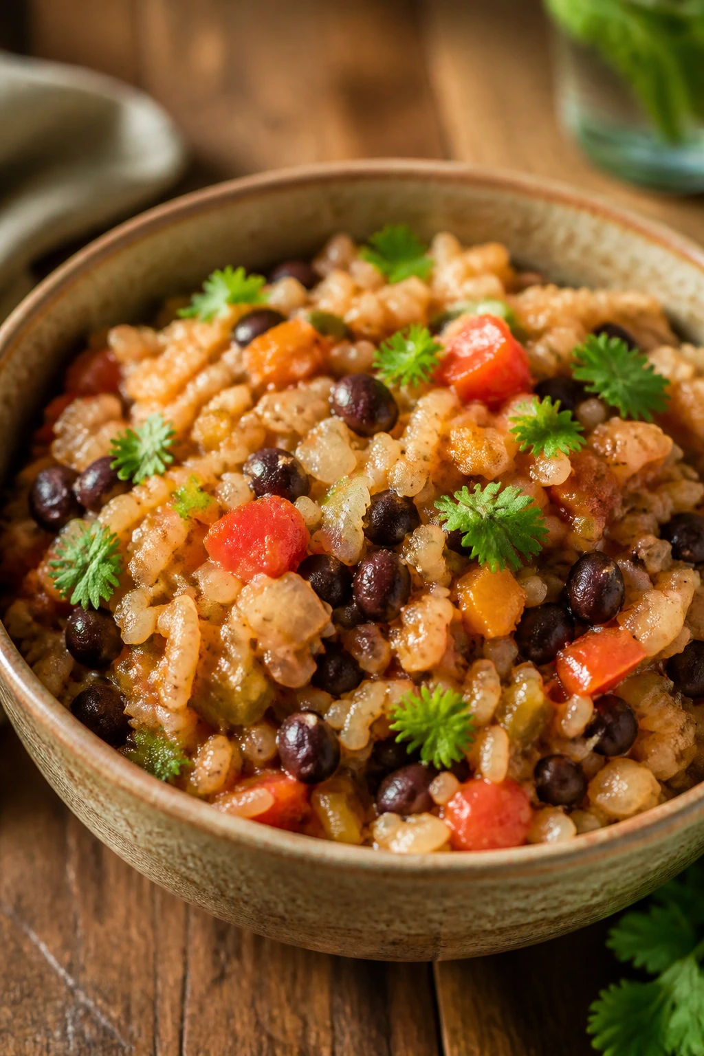 Hearty bowl of beans and rice ready for pantry dinner