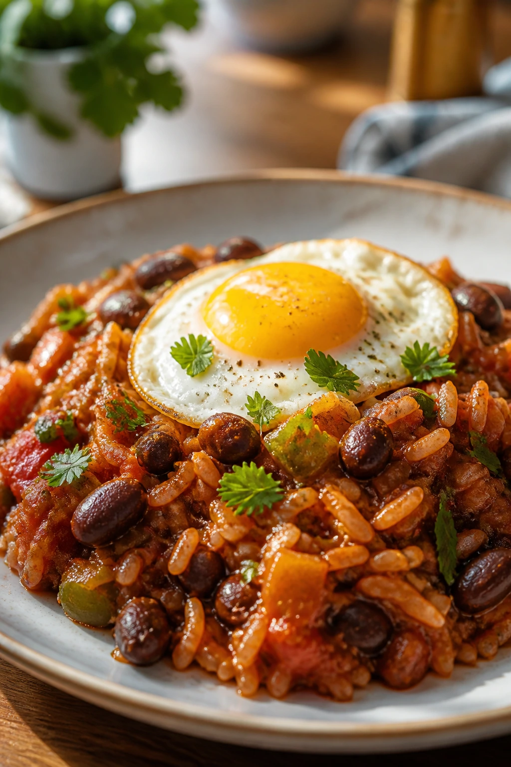 Plate of pantry-based beans and rice with a fried egg on top