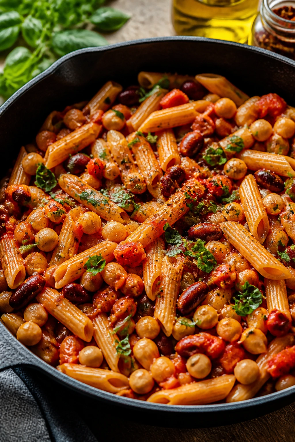 Close-up skillet highlighting pantry dinners and shelf-stable ingredients in a cozy kitchen