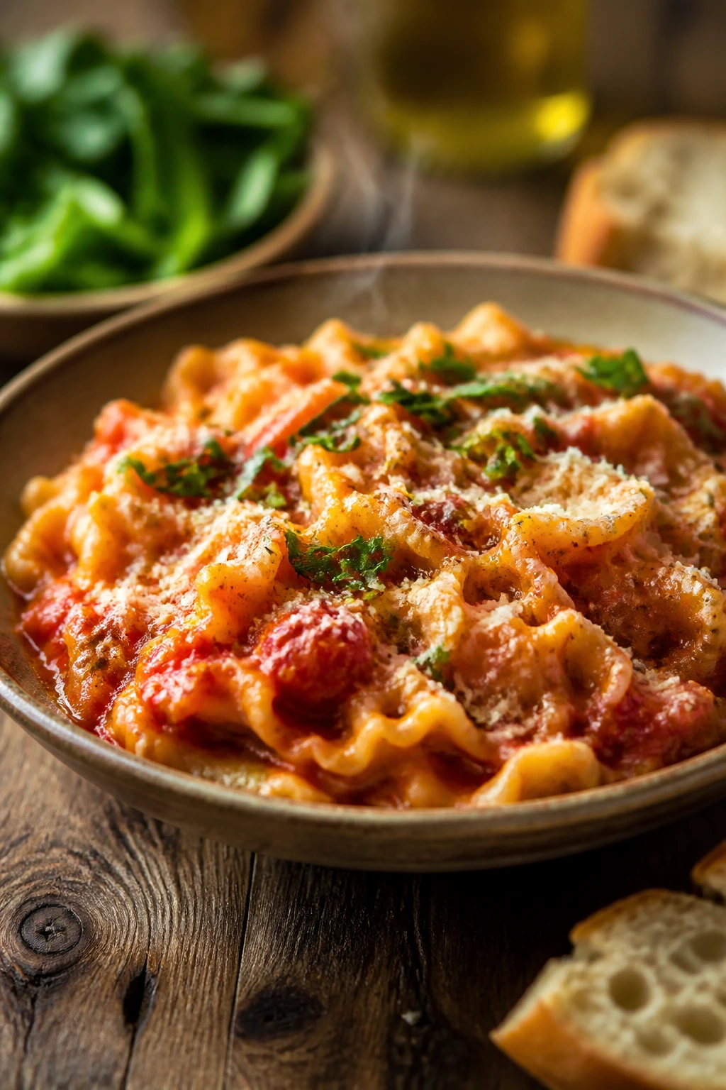 Close-up of a saucy pantry dinner plated in a shallow bowl with herbs in a warm kitchen.