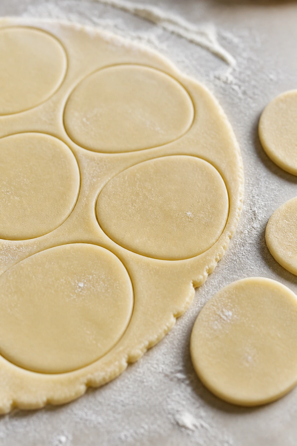 Rolled pantry dough cut into egg shapes on flour-dusted surface