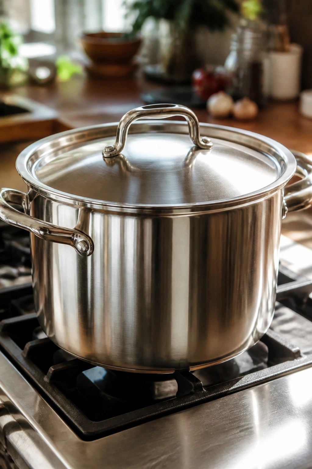 Close-up of a large pot with lid on a kitchen stove, representing essential pantry cooking equipment