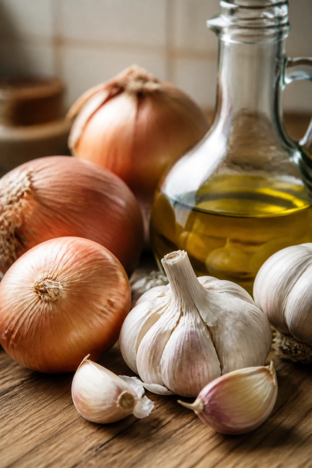 Close-up of pantry staples on a wooden counter
