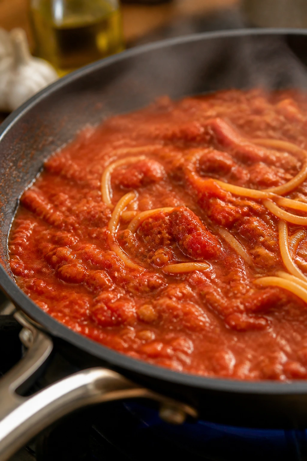 Pan on stove simmering fast pantry-based sauce