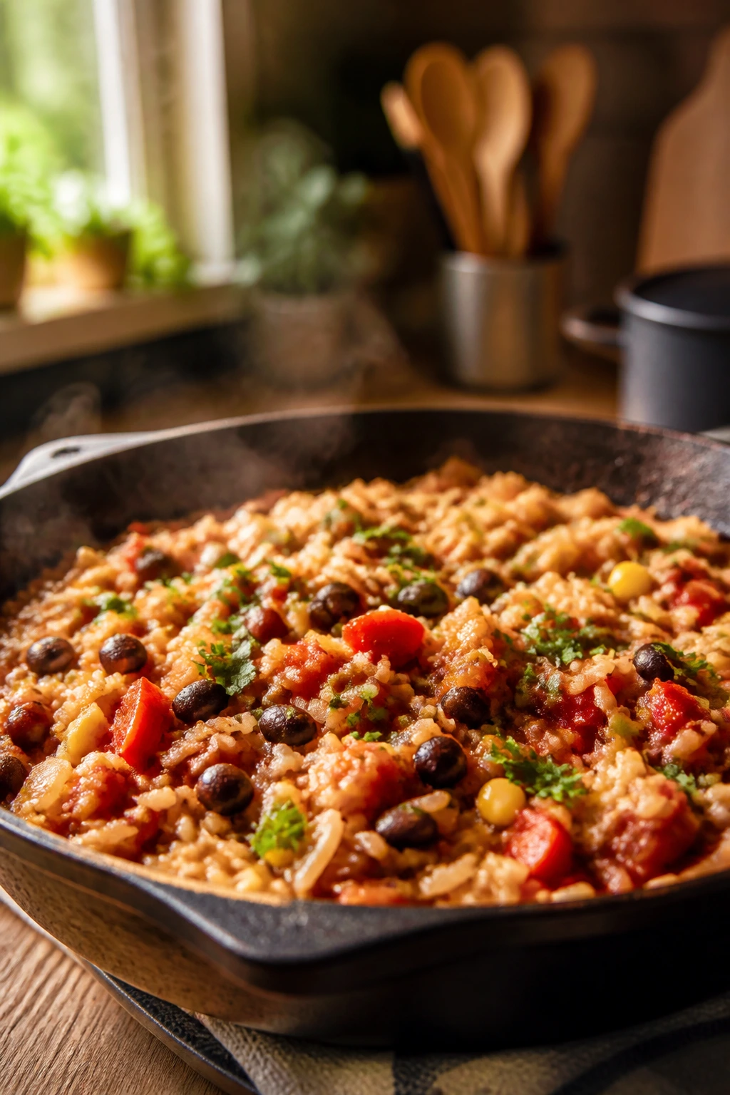 Close-up of a budget-friendly skillet dish highlighting pantry staples in a cozy kitchen
