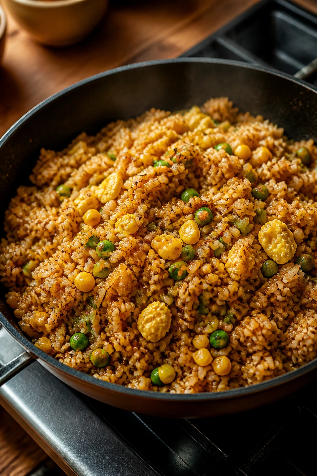 Skillet of steaming pantry fried rice with separated grains, egg, peas, and corn