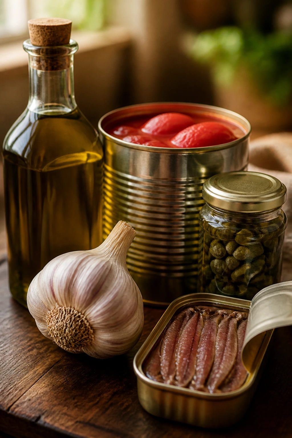 Close-up of garlic bulb, olive oil, canned tomatoes, capers, and anchovies on a wooden kitchen surface.