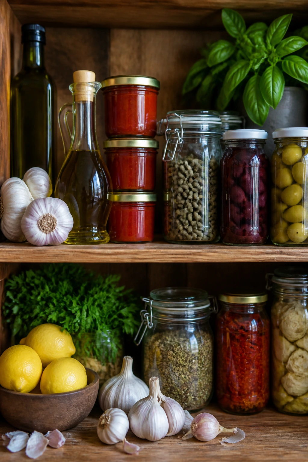 Close-up of a Mediterranean pantry shelf with garlic, olive oil, tomatoes, olives, capers, lemon, and herbs